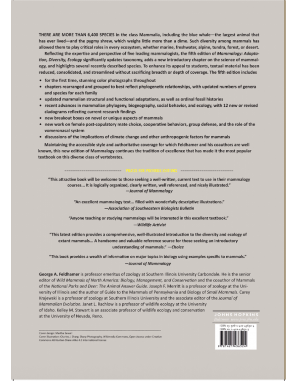 Mammalogy: Adaptation, Diversity, Ecology, 15th Edition by George A. Feldhamer, Joseph F. Merritt, Carey Krajewski & Jason L. LaPoint – Hardcover (ISBN: 9781421436524)